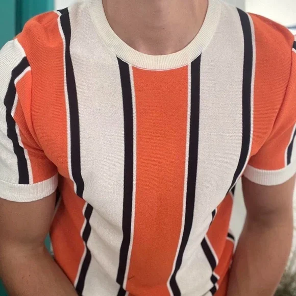 Striped Orange and White Men's Shirt - Picture 2 of 3